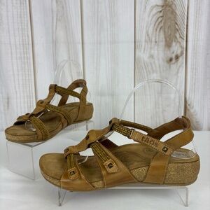 Taos Leather Wedge Sandals Strappy Velcro Comfort Cork Sandal Camel Size 9-9.5